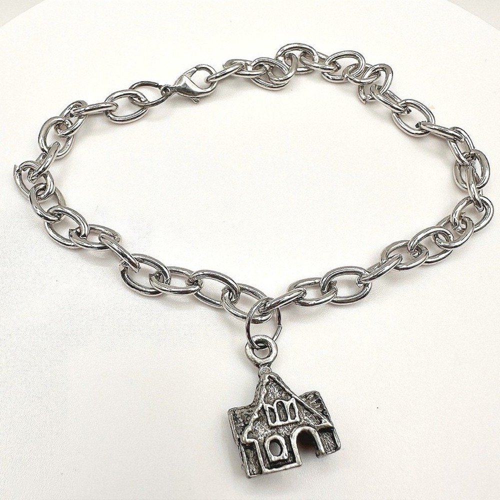 Vintage 80s Silver Tone Statement Church House Charm Bracelet Estate Jewelry Y2K